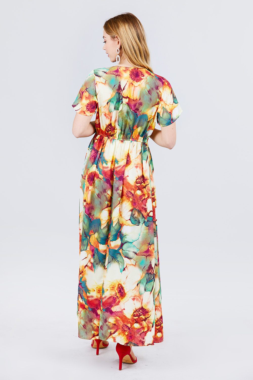 Short Sleeve V-neck Button Down Belted Print Woven Maxi Dress