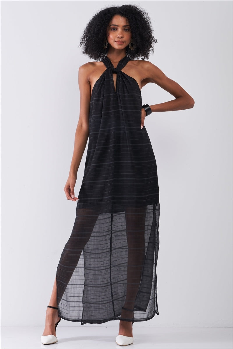 Black Stripped Chiffon Sleeveless Criss-cross Halter Neck Maxi Dress