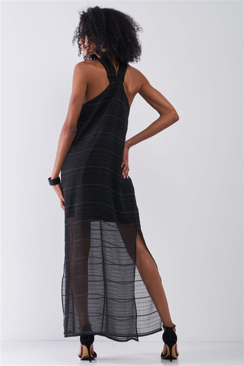 Black Stripped Chiffon Sleeveless Criss-cross Halter Neck Maxi Dress