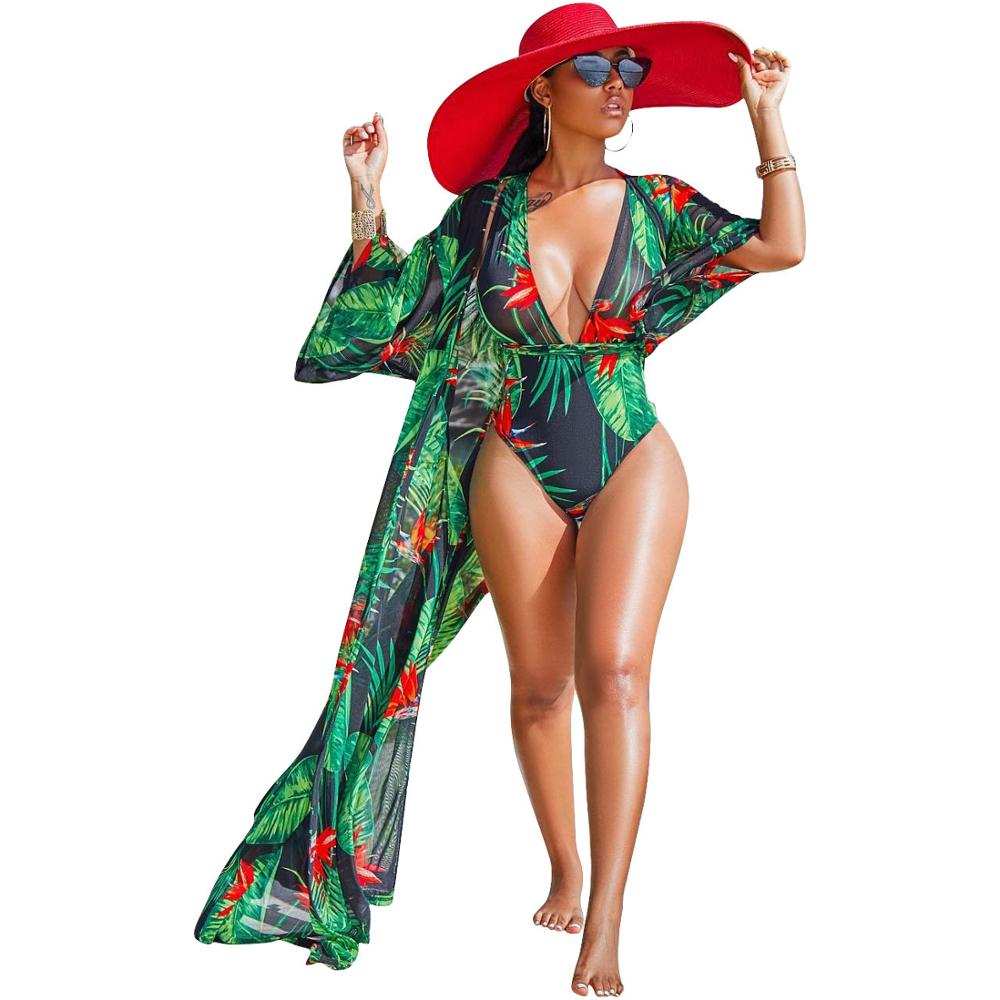 Women Floral Print Bandage Deep V Neck One Piece Swimwear Bikini Suit Bathing Swimsuit Beachwear With Beach Cover Up Set