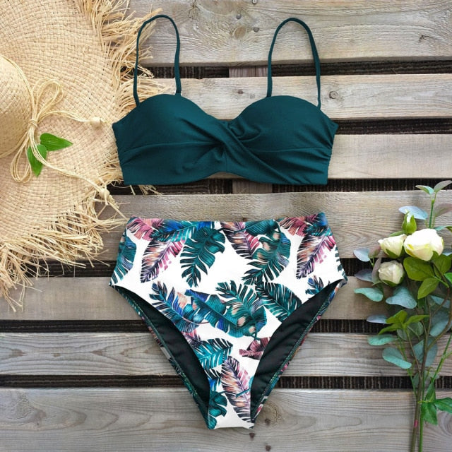 2020 Sexy Leaf Print Bikini Female Swimsuit Women Swimwear Thong Push Up Bikinis Set High Waist Swimming Suits for Bathing Suit