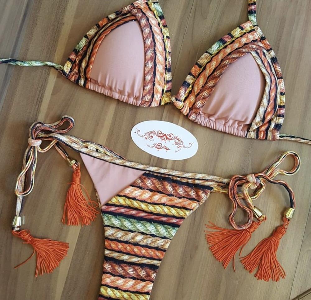 Sexy Floral Print Micro Bikini 2020 Swimwear Women Lace Up Bandage Orange Push Up Thong Swimwear Brazilian Bather Bathing Suit