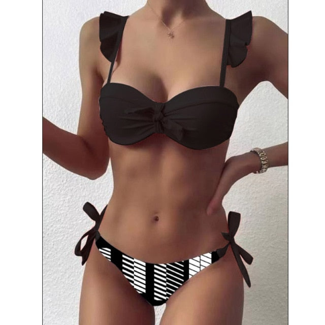 Striped Lace Ruffle Push Up Women Bandeau Swimsuit Female Swimwear Bra Cup Bikini set High Cut Bathing Suit F72